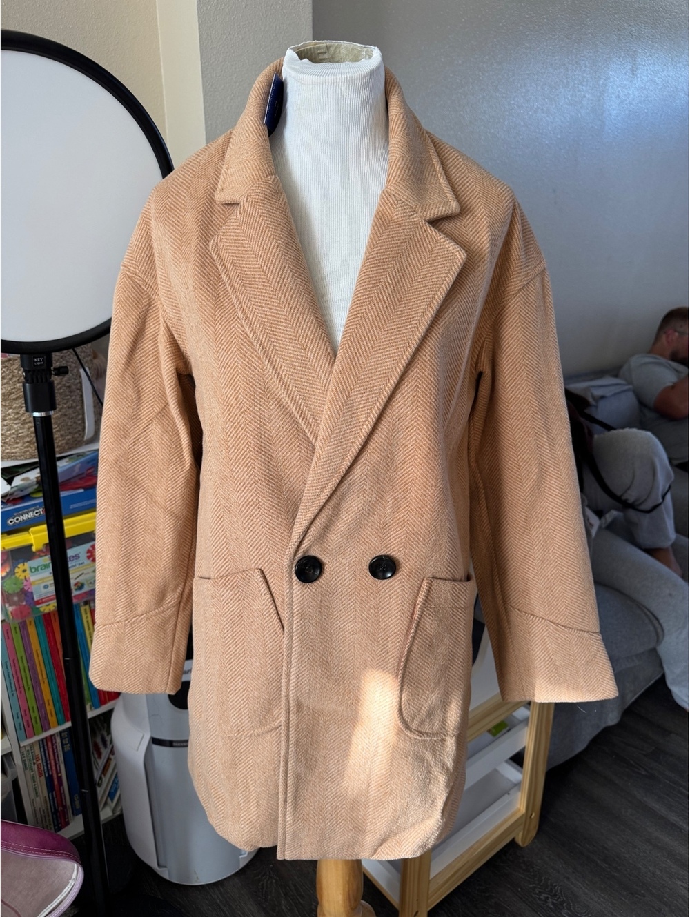 Chouyatou Women's Camel Herringbone Wool Blend Coat Size M